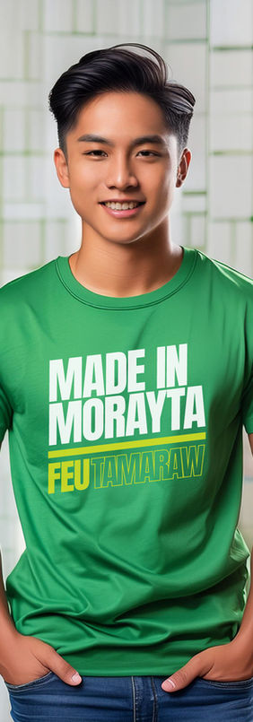 man wearing a green FEU Made in Morayta at-shirt