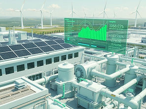 A futuristic industrial facility integrating decarbonization technologies. Solar panels on