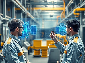 A high-tech industrial environment showing Digital Twin Technology in action. Two mirrored
