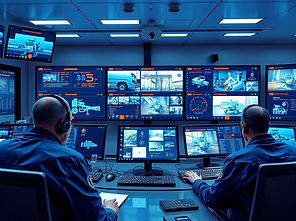 A modern control center where engineers monitor industrial systems remotely via large digi
