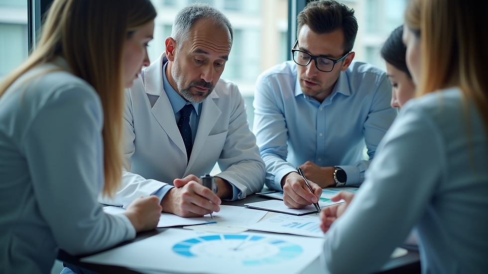 Close-up view of a scientific consultant discussing findings with a team