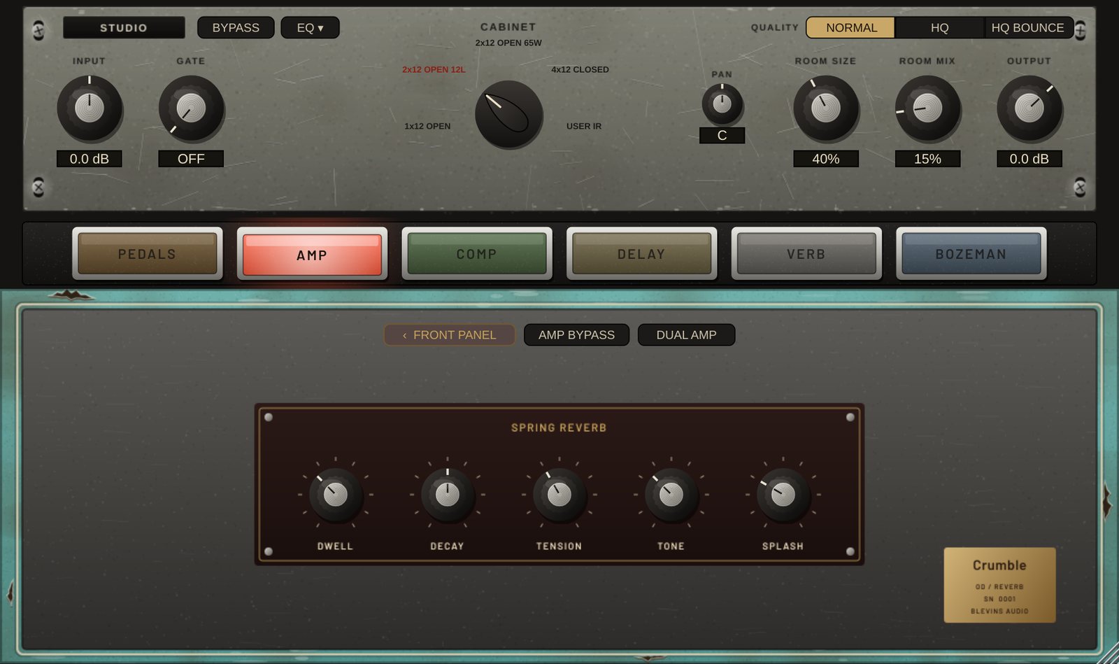 Crumble rear panel with spring reverb controls