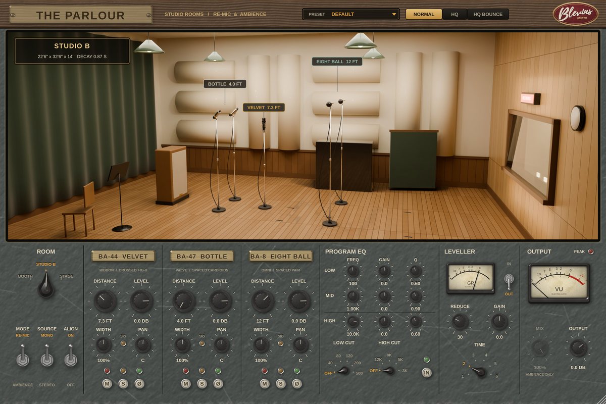 The Parlour plug-in window, showing a studio room with mic stands