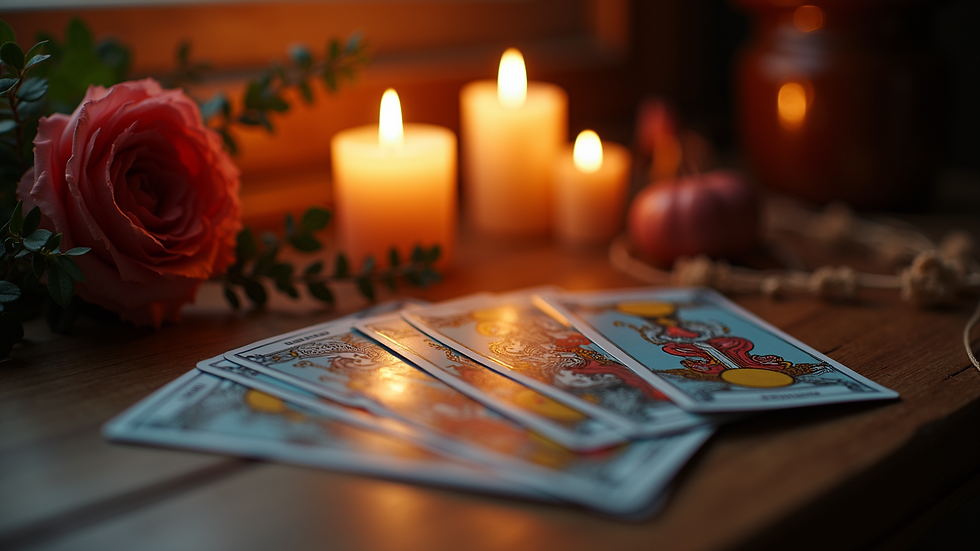 Eye-level view of an inviting candlelit space with tarot cards fanned out