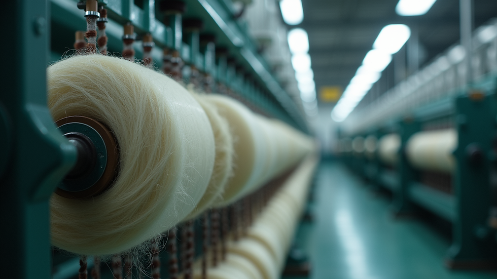 Eye-level view of yarn spinning machines in operation at a textile factory