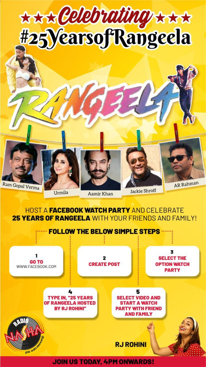 Join the one and only Rohini Ramnathan as she celebrates #25YearsOfRangeela with the mega stalwarts #JackieShroff #Aamirkhan #UrmilaMatondkar #RamGopalVerma & #ARRahman who brought this dream to life! Follow the instructions in the image below to participate.