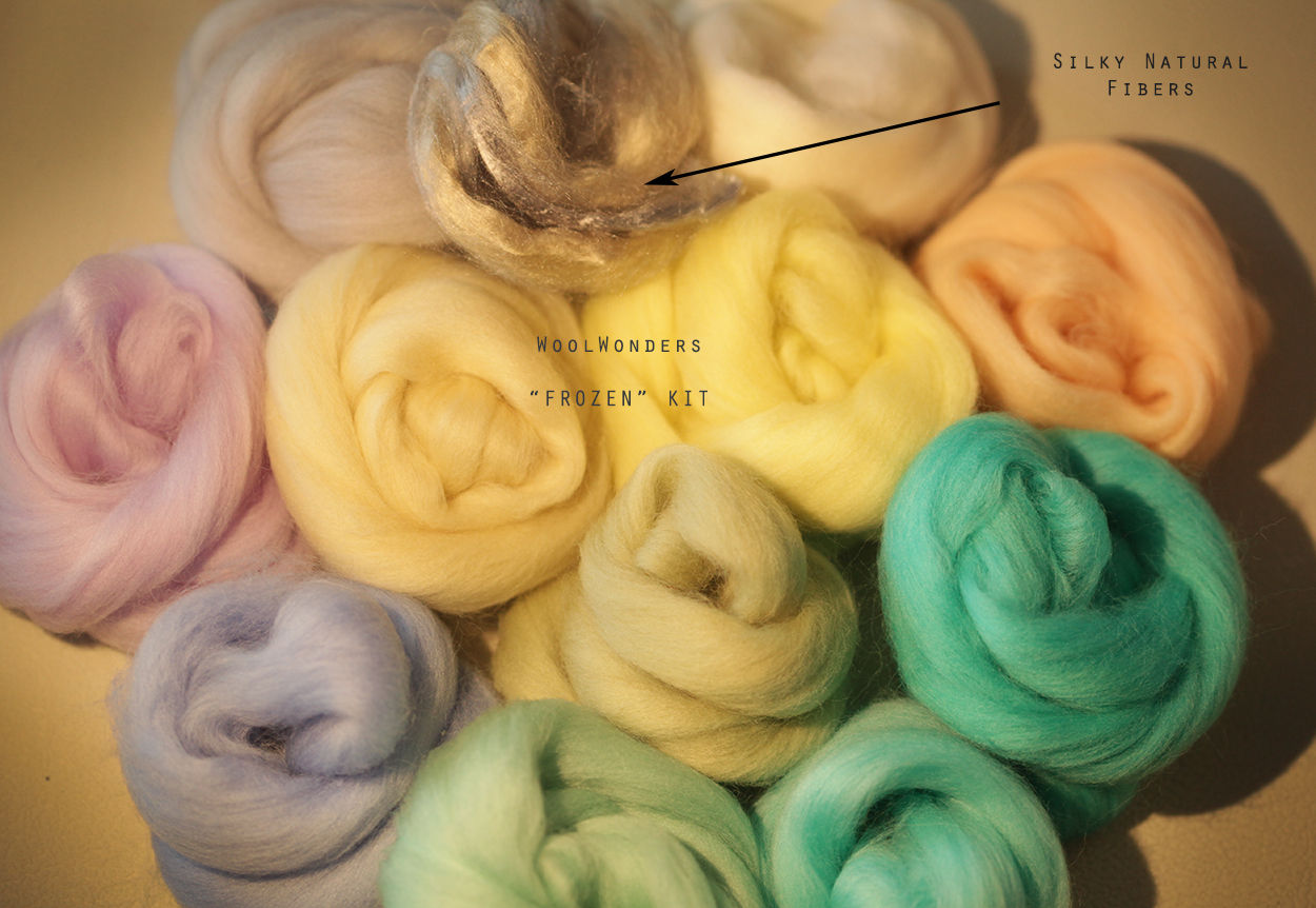 "FROZEN KIT' Felting Wool Merino Fiber + 3 Shades Silky Fibers and Roving Wool
