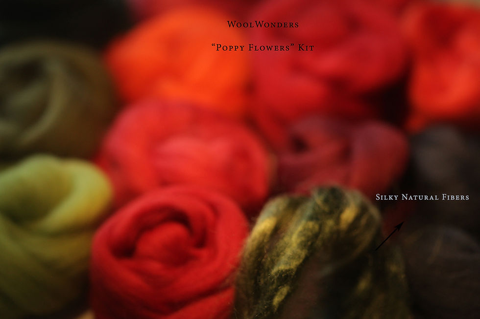 Thumbnail: "POPPY FLOWERS" KIT. Felting Wool Merino Fiber+3 Shades SilkyFibers and Roving