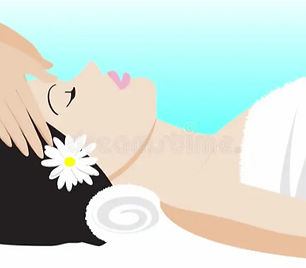 A woman lying on a table face up with a flower in her hair. On the left, hands are massaging her temples.