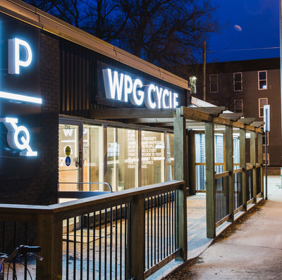 The exterior of WPG Cycle as seen at night