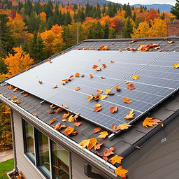 i need an image of 2 rows of solar panels on the roof of a home with fall leaves in betwee