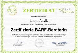 Zertifikat als Nachweis der fachlichen Qualifikation im Bereich Hundeernährung und BARF-Berater.