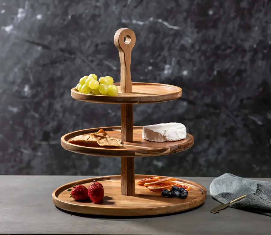 new, serving, tray, acacia, two, three, tier