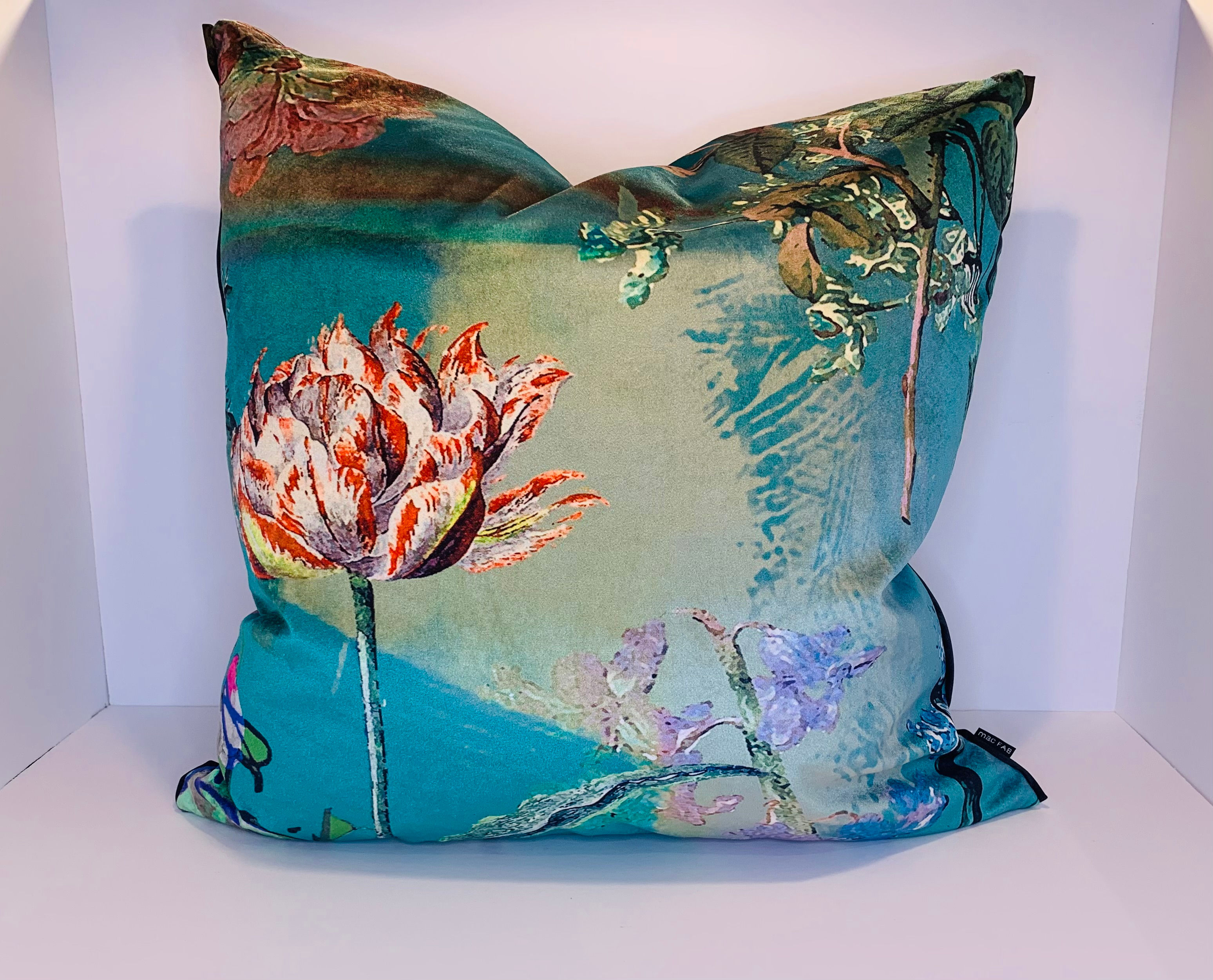 Printed velvet teal toss cushion