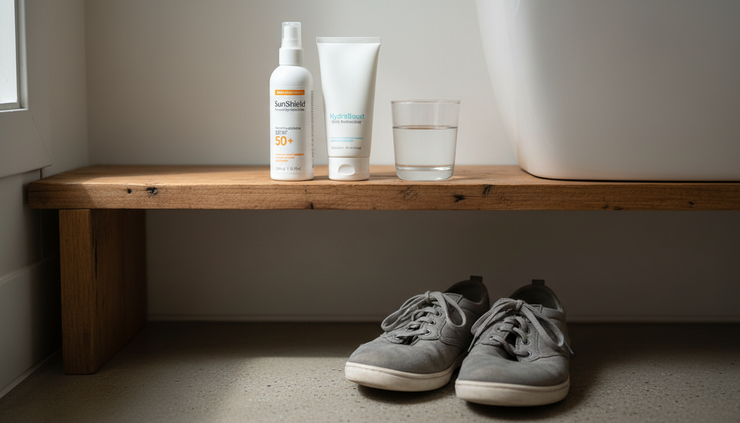 Close-up view of simple skincare products beside a water glass and walking shoes.