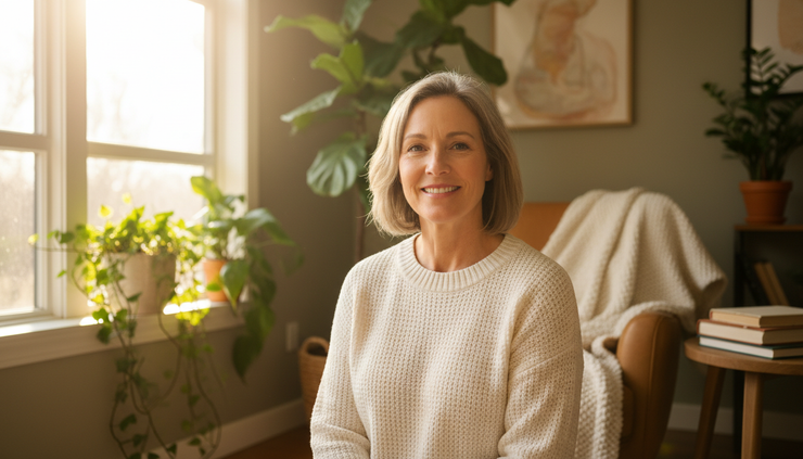 Wide-angle view of a person smiling naturally near a sunny window at home.