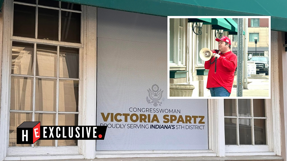 Randall McCallister of Muncie, Indiana, protested outside Congresswoman Victoria Spartz’s office, targeting Democrats who interrupted him during a constituent meeting due to his opposing views.