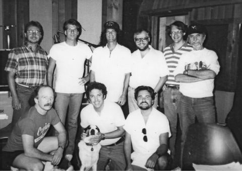 Recording with B.J. Thomas at Star Gem in Nashville in 1986.
Back L-R: Randy McCormick, Steve B., B.J., Steve Gibson, Dennis Ritchie, Joe Bogan.
Kneeling L-R: Tom Robb, Eddie Bayers with Danny The Dog, Larry Byrom