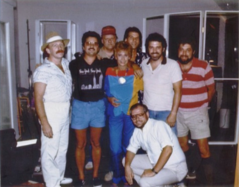 Recording with Tammy Wynette at The Bennett House in 1985.
L-R: Tom Robb, Larry Byrom, Barry Beckett, Tammy, Steve B., Eddie Bayers, Gene Eichelberger. Kneeling: Steve Gibson