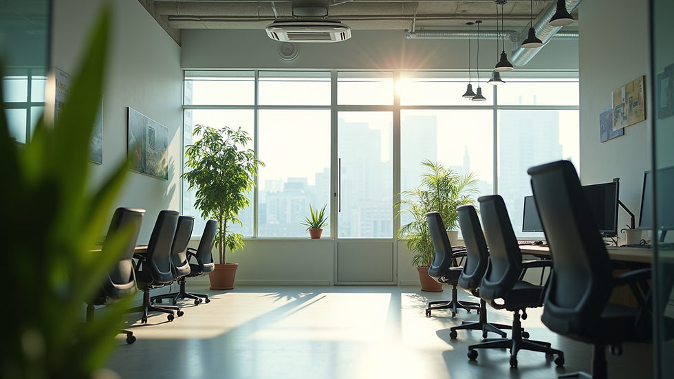 Eye-level view of a modern office space with a large window and greenery