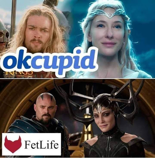 Two images divided horizontally: Both images show Cate Blanchett and Karl Urban in different roles. Top shows Galadriel and Eomer with the words "okcupid". Bottom shows Hela and Skurge with the words "FetLife".