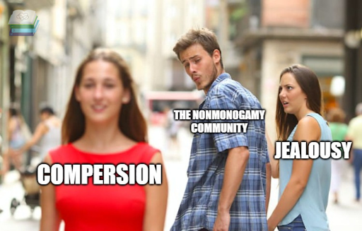 Man turns to look at woman in red. Girlfriend looks upset. Text labels them as "The Nonmonogamy Community," "Compersion," and "Jealousy."