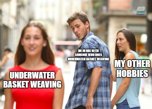 Distracted boyfriend meme: Man in plaid labeled "Me in NRE with someone who does underwater basket weaving" checks out passing woman labeled "Underwater Basket Weaving" while companion, labeled "my other hobbies" looks annoyed.