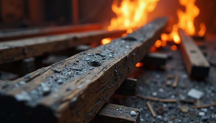 Close-up view of charred wooden beams after fire exposure