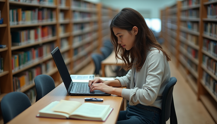 High angle view of a student using a laptop in a school library
