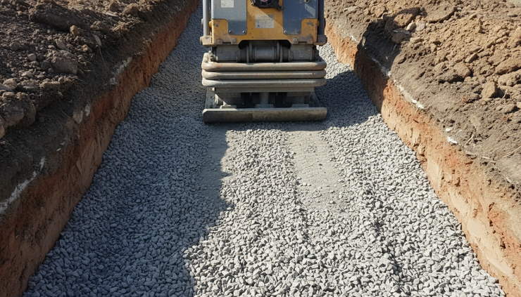 Close-up view of dense gravel subbase being compacted below a shallow foundation.
