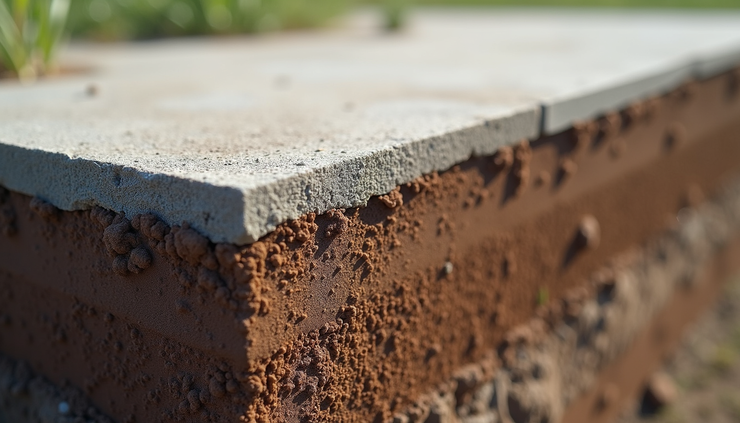 Eye-level view of a foundation slab interacting with layered soil beneath a construction site