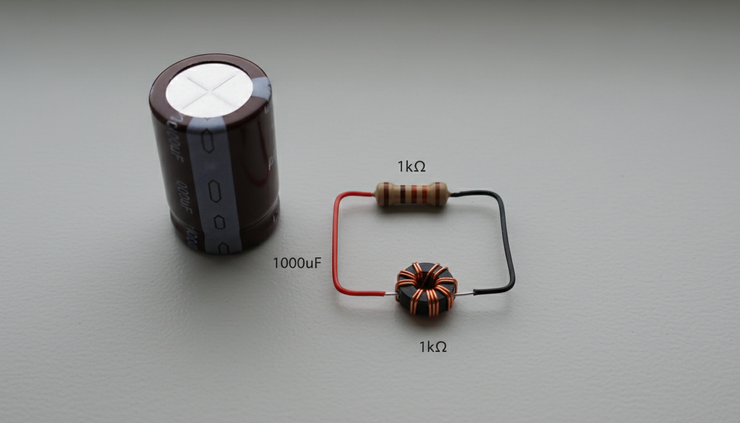 Top-down view of loose electronic components arranged as an equivalent circuit model