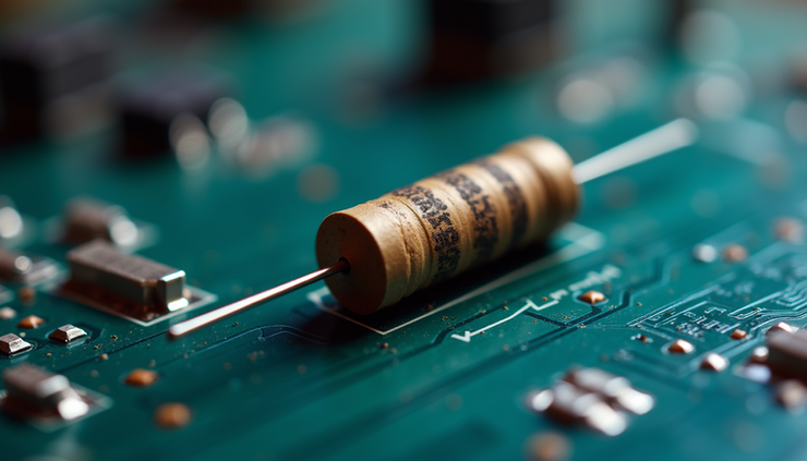 Close-up view of a resistor connected on a circuit board