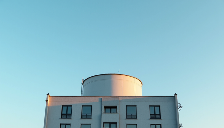 Eye-level view of a modern apartment building water tank on the rooftop
