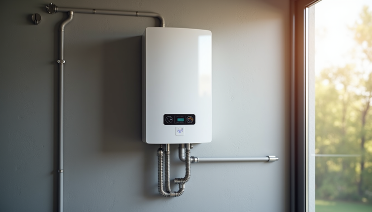Eye-level view of a modern tankless water heater installed in a home utility room