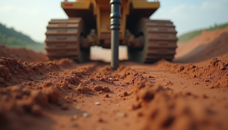 Close-up view of pile driving equipment impacting sensitive clay soil at a construction site