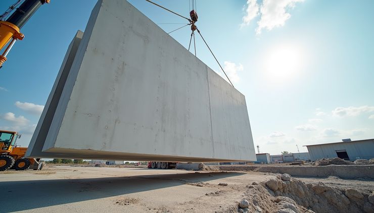Eye-level view of a precast concrete panel being lifted at a construction site