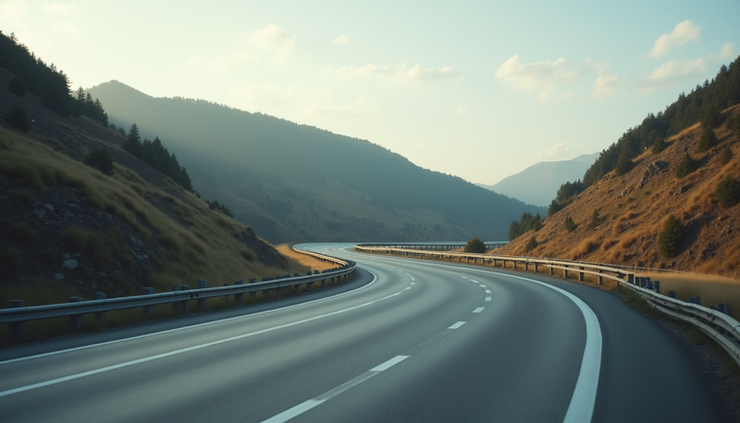 Eye-level view of a curved highway section with clear lane markings and gentle slopes