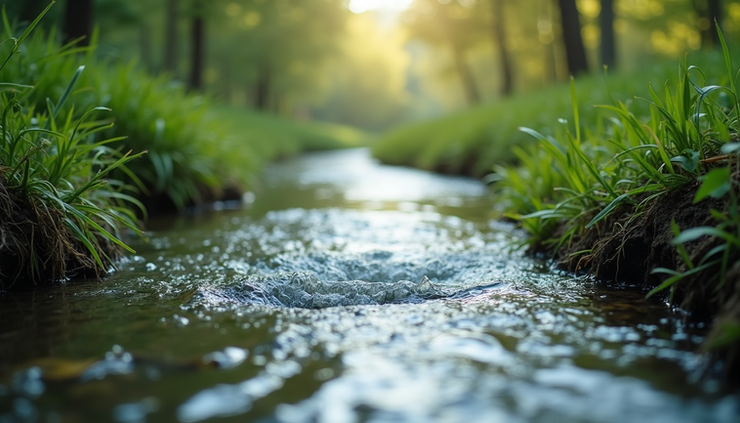Eye-level view of a river channel showing water flow and surrounding vegetation