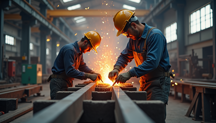 Eye-level view of a steel fabrication workshop showing steel beams being cut and assembled