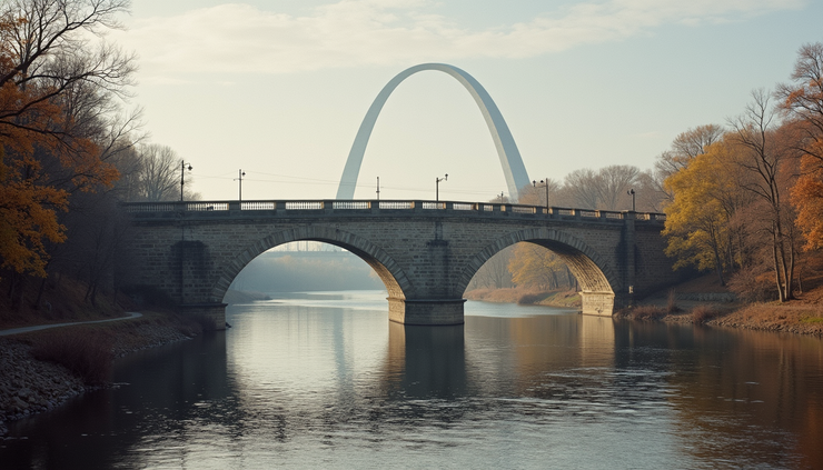 Eye-level view of the arched bridge of Saint Louis over the river in 1874