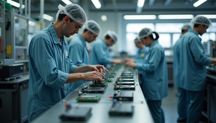 Eye-level view of an assembly line with workers and machinery producing electronic devices