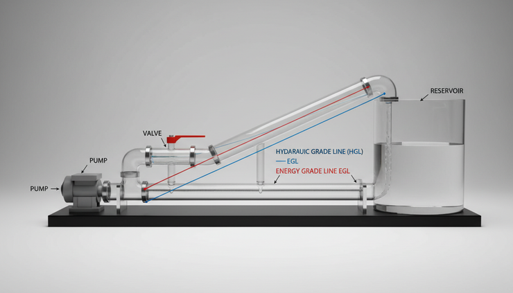 Side view of a sloped pipe profile with colored hydraulic grade and energy grade lines.