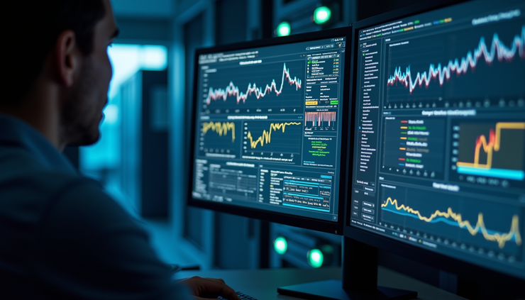 Eye-level view of a database administrator analyzing query performance metrics on a monitor