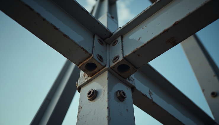 Close-up view of steel beam connection in a building frame
