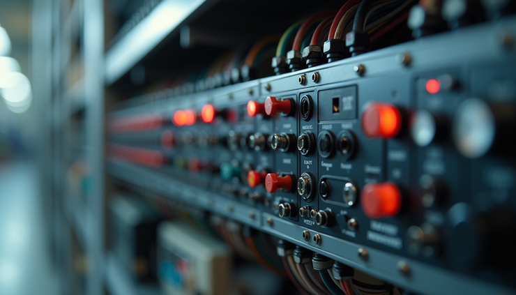 Eye-level view of a modular control panel with neatly arranged wiring and components