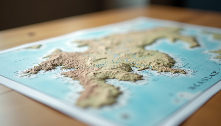 Eye-level view of a detailed topographic map spread on a wooden table