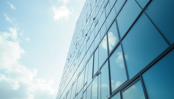 Eye-level view of a glass curtain wall on a high-rise building reflecting the sky
