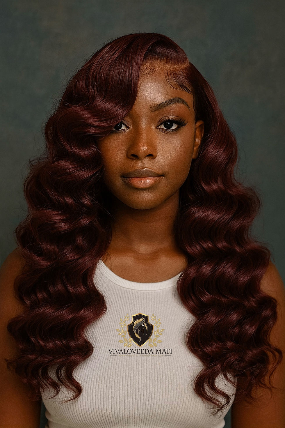 Premium Deep Wine Loose Wave Human Hair Wig On Model