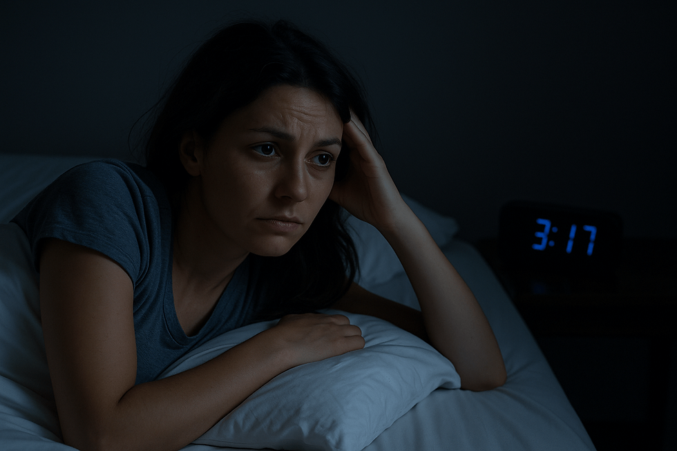 Young woman lying awake in bed at 3 AM, looking tired and unable to sleep due to insomnia